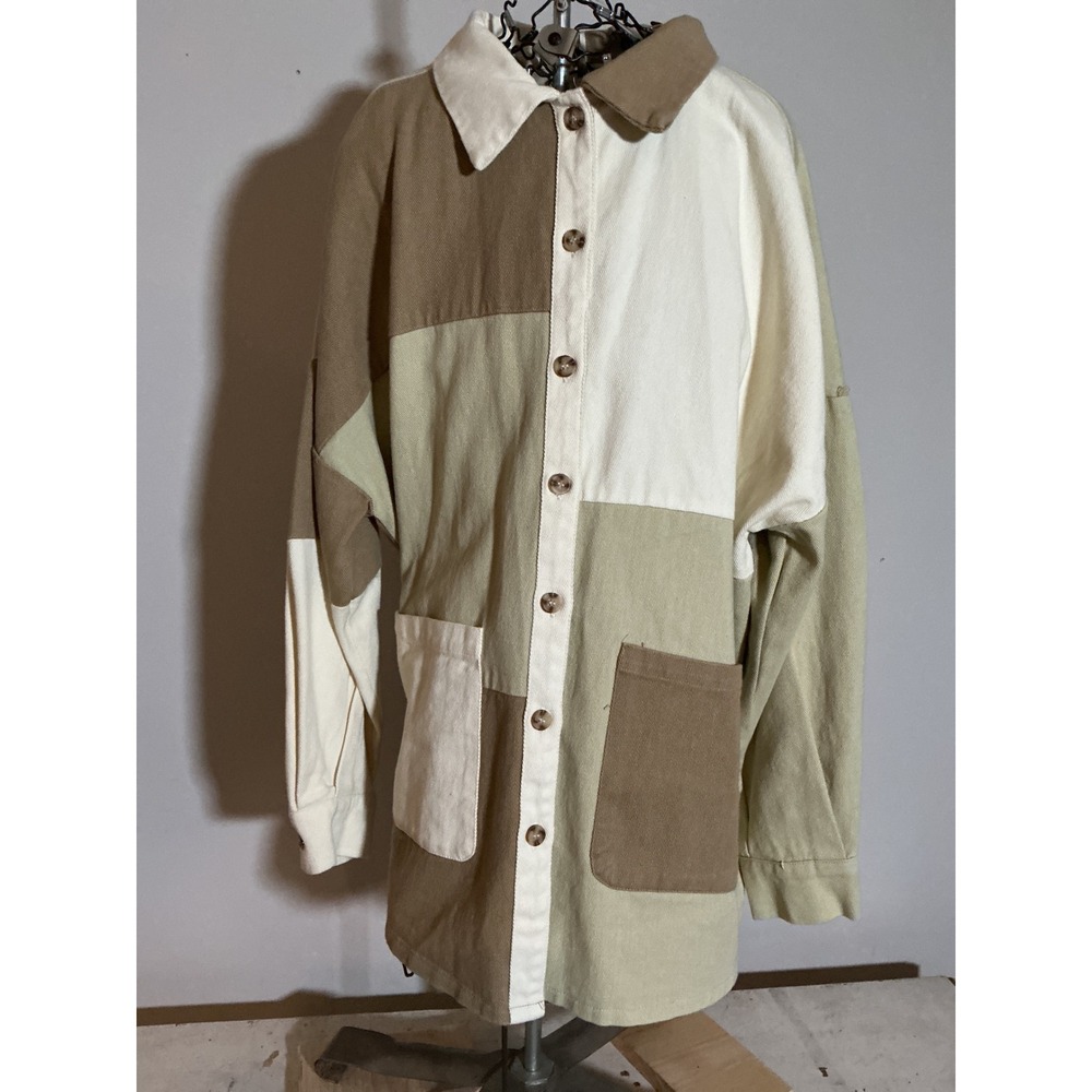 Fantastic Fawn Colorblock Patchwork Shacket Womens Medium Green Tan Cotton